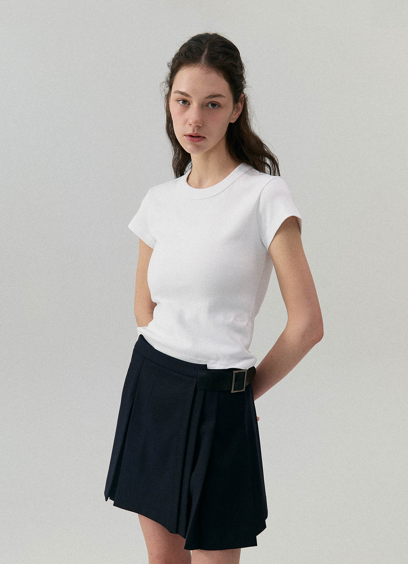 Buckle-Strap Pleated Skirt